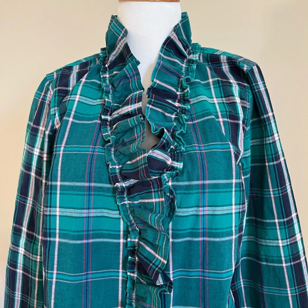 Crown & Ivy Green Plaid Ruffle Blouse Size Medium - Picture 3 of 10